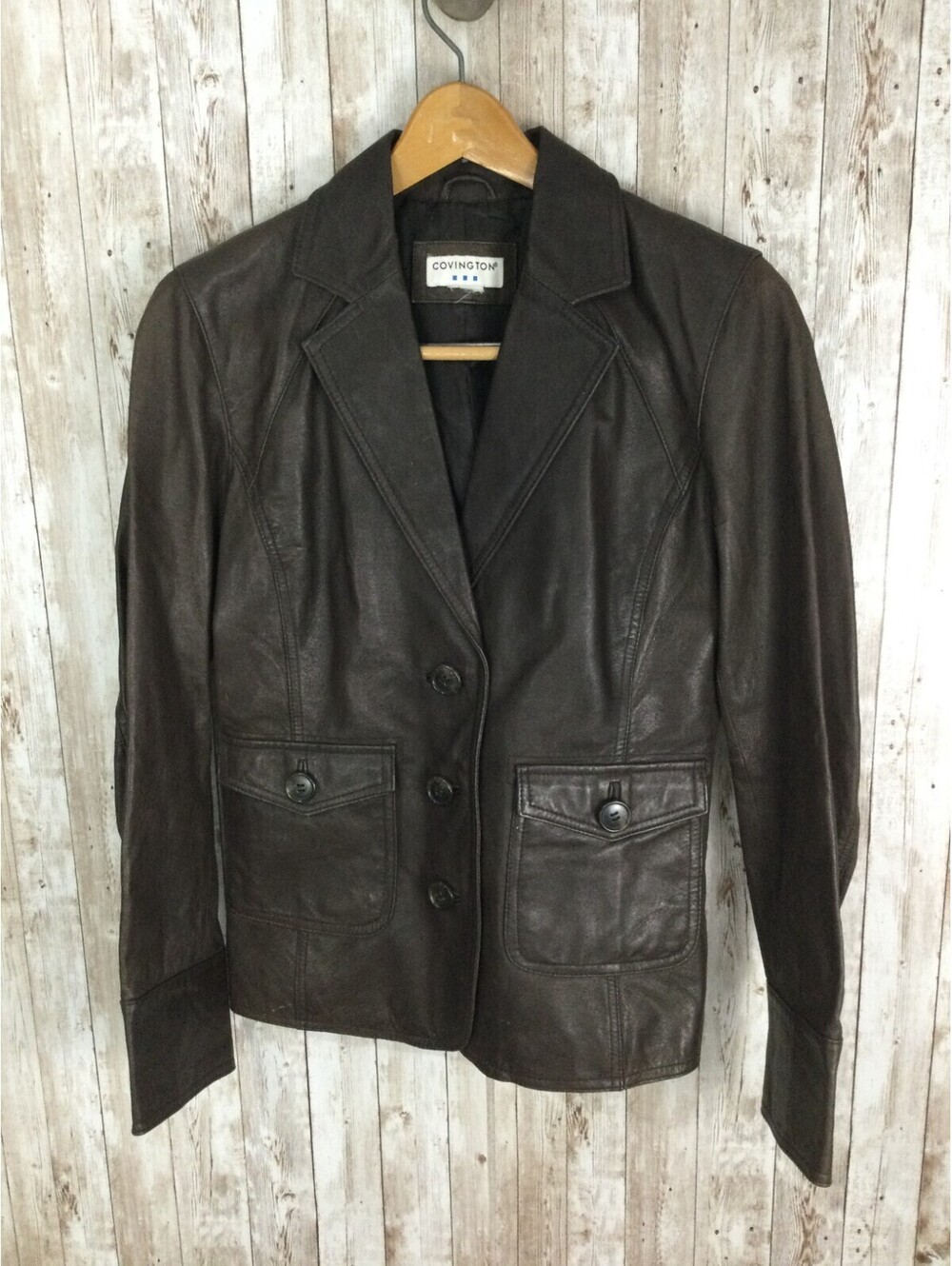 Covington Vintage Womens 100% Leather Blazer Jacket  Size Small Button Brown